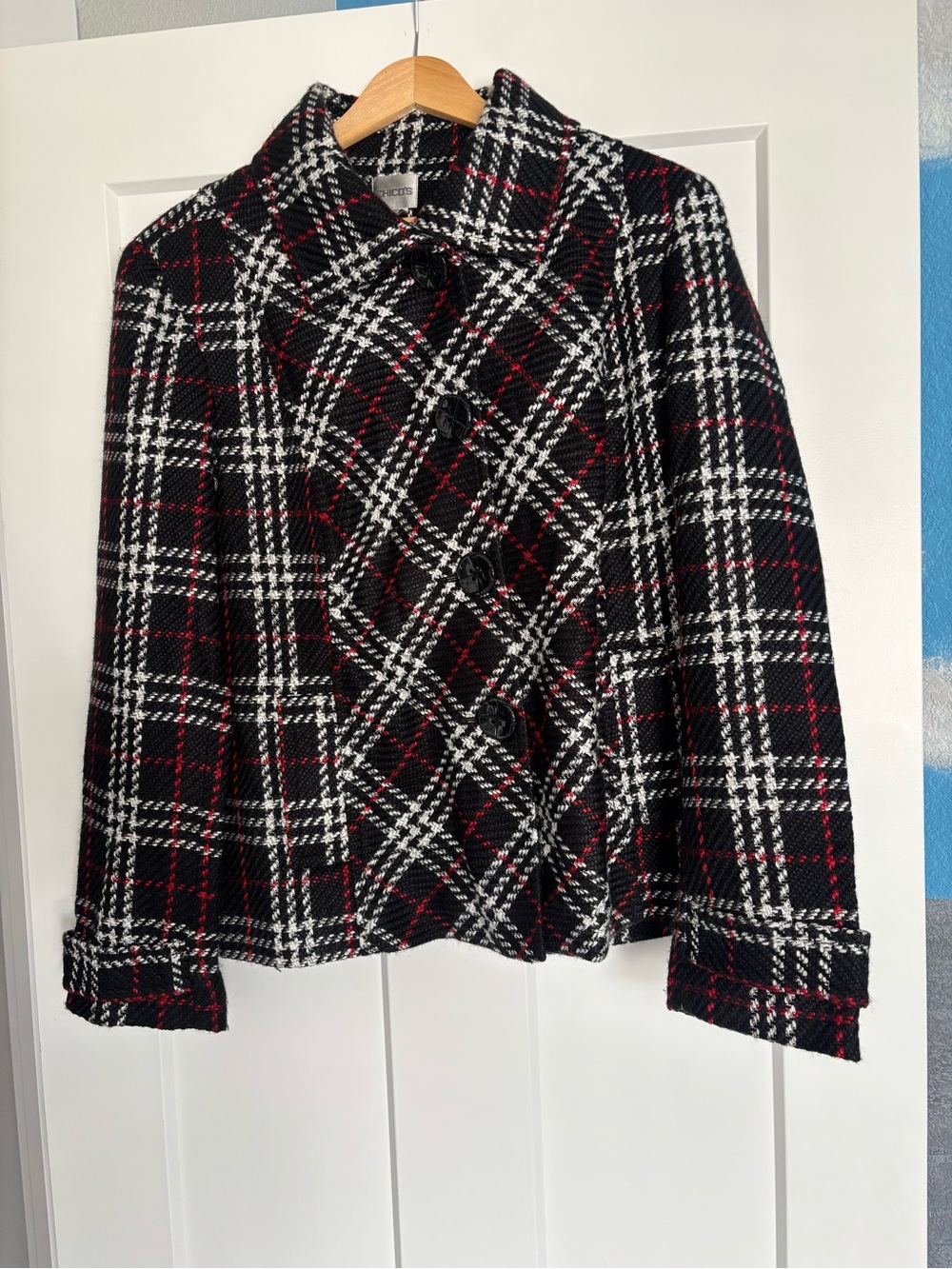 Chico's Black White and Red Plaid Peacoat